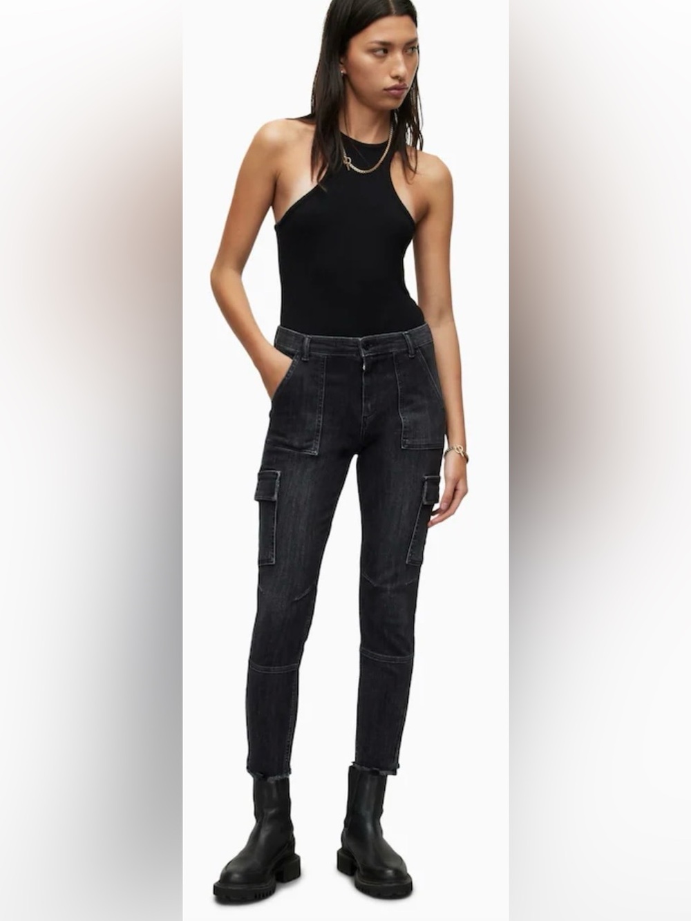 AllSaints Duran skinny cargo jeans in washed black 29